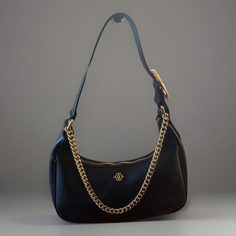 Nanette Lepore Alana Underarm Crescent Purse Black Gold Chain Handbag